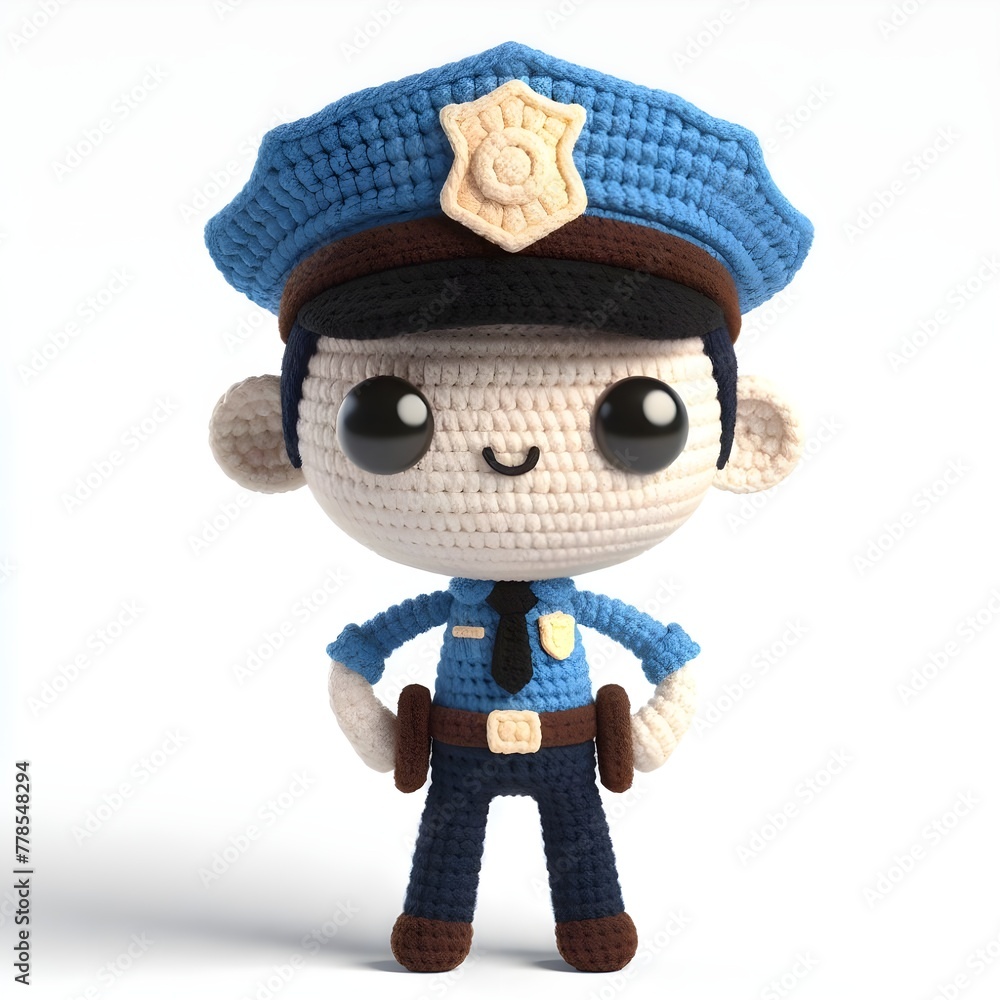 Ai Generated Crochet doll a Police cute excited funny smiling wearing uniform and equipment, is standing, 3d render Ai Generated Crochet doll a Police cute excited funny smiling wearing uniform and equipment, is standing, 3d render