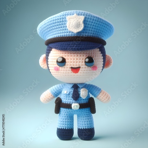 Ai Generated Crochet doll a Police cute excited funny smiling wearing uniform and equipment, is standing, 3d render