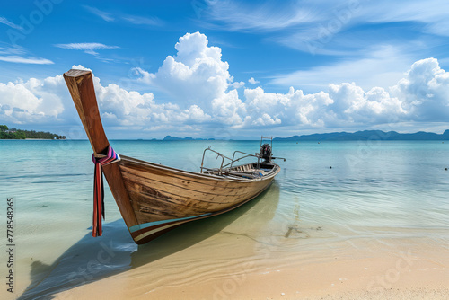An ocean view of traditional long tail wooden boat on tropical seascape beach AI Generative
