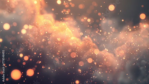 A soft  serene cloud of peach-colored particles floating amidst a dark canvas. The gentle glow of each particle creates a warm  inviting atmosphere  enhanced by the realistic bokeh effect.