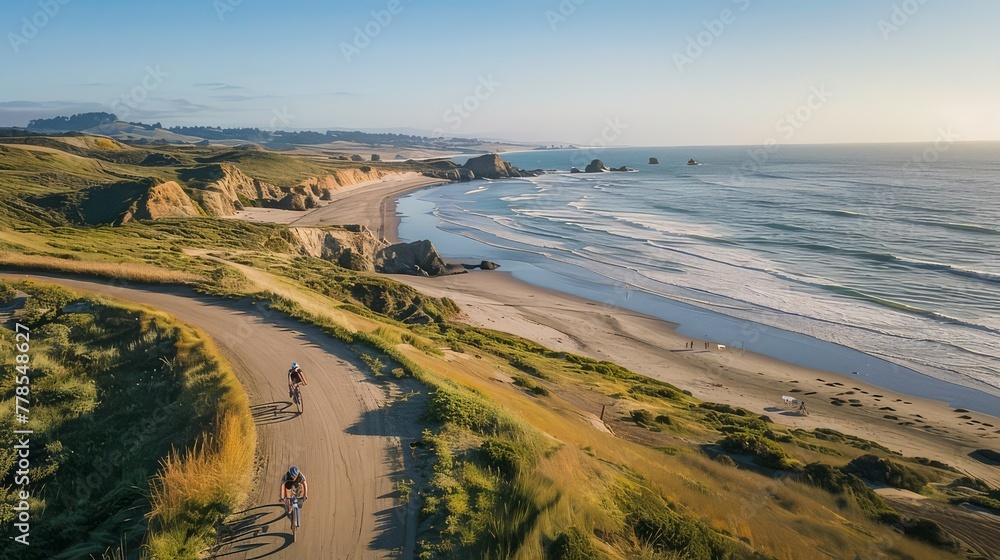 A scenic coastal bike ride along winding paths and sandy shores, with cyclists soaking in the beauty of the natural landscape and the invigorating sea breeze.
