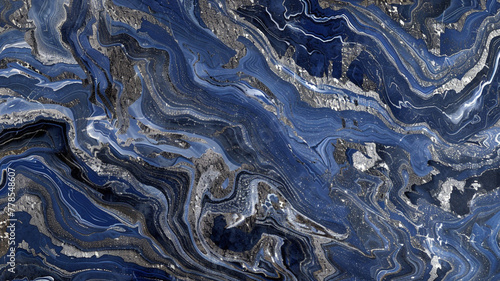A striking midnight blue and silver patterned natural marble background, where the swirling patterns and shimmering veins evoke the mystery and vastness of the night sky.