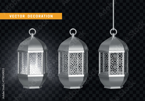 Silver vintage set lanterns. Arabic shining lamps. realistic 3d design isolated on transparent background. vector illustration