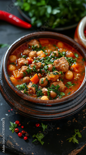 Moroccan Harira Soup, Delicious food style, Horizontal top view from above