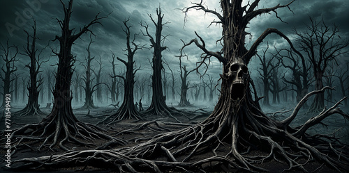 Haunted forest of dead skull trees, desolate cursed landscape shrouded in poisonous fog where no living being can survive. photo