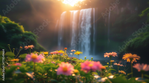 Beautiful  gorgeous landscape with serene waterfall and blooming flowers in the foreground on a sunny day. Wallpaper.