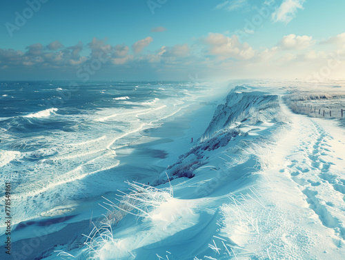 Cinematischer Strand im Winter mit Schnee photo