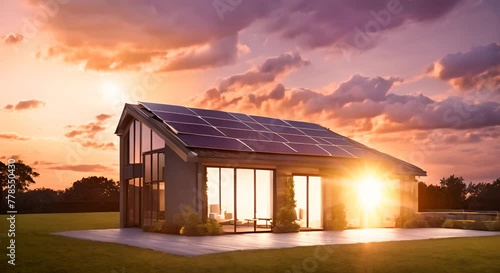 Solar panels against a backdrop of a stunning sunset highlighting the panels textures and the vibrant sky photo
