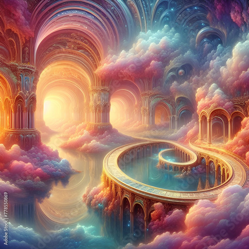 Majestic Imposing Hall of Soft Glowing Sun Rays Through the Windows of Multi-colored Fantasy Scary High Room Hall Dungeon with Ornate Aqueducts Waterways Complex System Pipes, Palace Solitary Interior photo