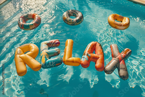 Relax word spelled out in inflatable pool floats in a summer holiday swimming pool © ink drop