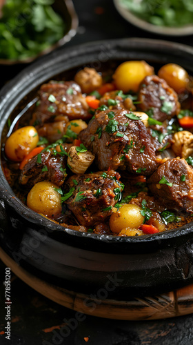 Moroccan Lamb Tangia, Delicious food style, Horizontal top view from above photo