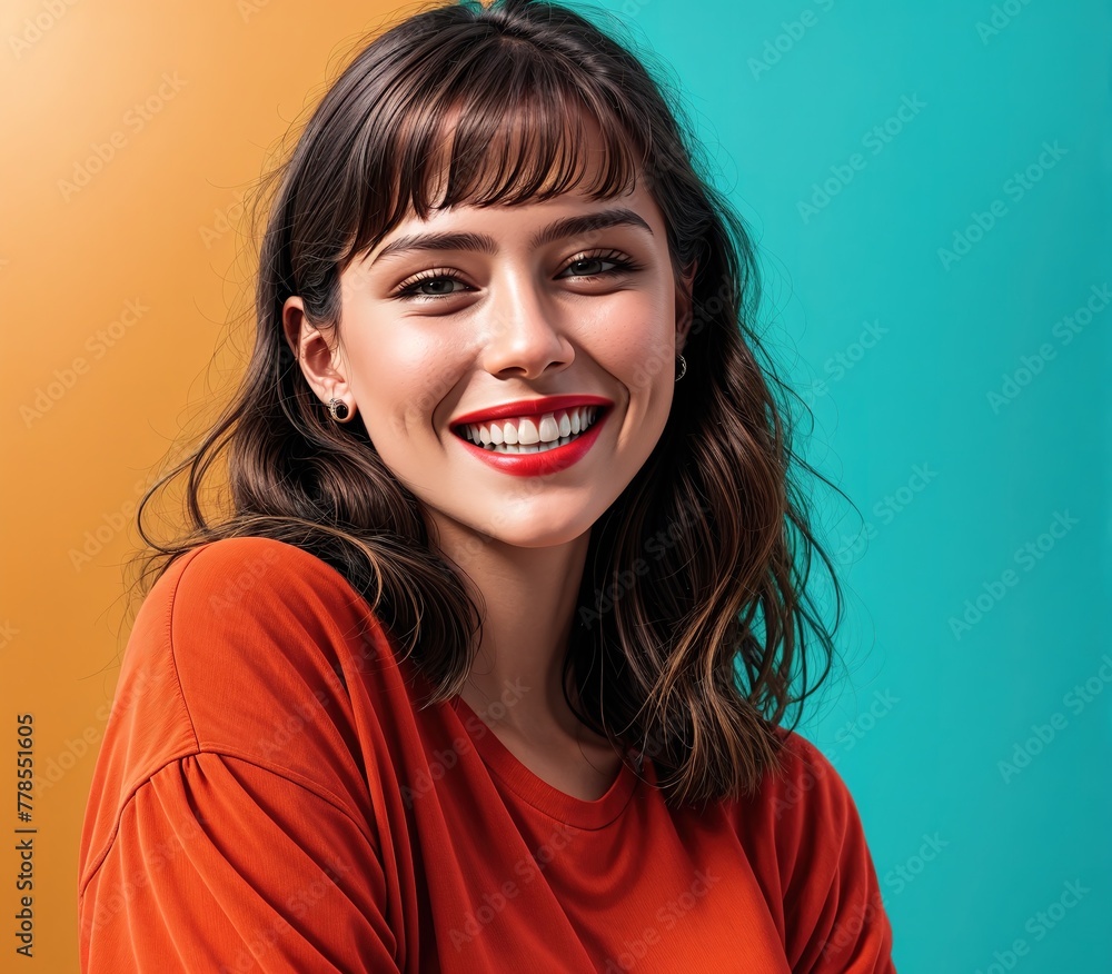 A young woman with long, curly brown hair wearing a red shirt and smiling at the camera. A young woman with long, curly brown hair wearing a red shirt and smiling at the camera.
