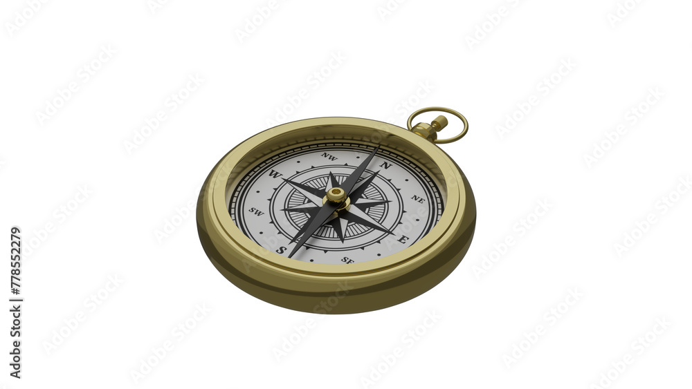 Golden antique pocket compass isolated on transparent and white background. Navigation concept. 3D render