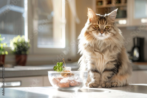 A fluffy Persian cat elegantly seated beside a crystal clear bowl filled with gourmet cat food, garnished with a sprig of catnip, in a sunlit modern kitchen.