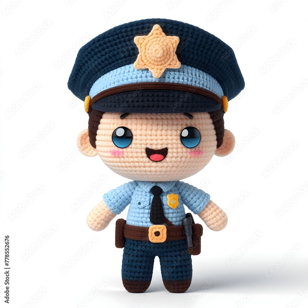 Ai Generated Crochet doll a Police cute excited funny smiling wearing uniform and equipment, is standing, 3d render Ai Generated Crochet doll a Police cute excited funny smiling wearing uniform and equipment, is standing, 3d render