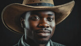 A close up portrait of an younger black man wearing a cowboy hat - dark background, shallow depth of field - portraits of real people - an intimate portrait of a midwestern man
