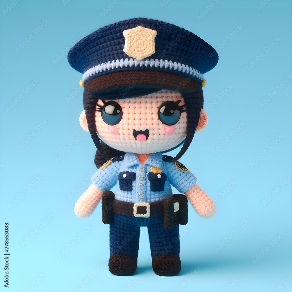 Ai Generated Crochet doll a Police cute excited funny smiling wearing uniform and equipment, is standing, 3d render Ai Generated Crochet doll a Police cute excited funny smiling wearing uniform and equipment, is standing, 3d render