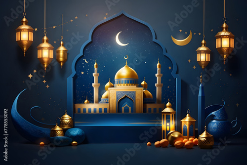 Islamic concept poster for Ramadan Kareem or Eid al Adha celebration, featuring a Muslim Mosque design and an Arabic lantern design on a dark blue background. photo