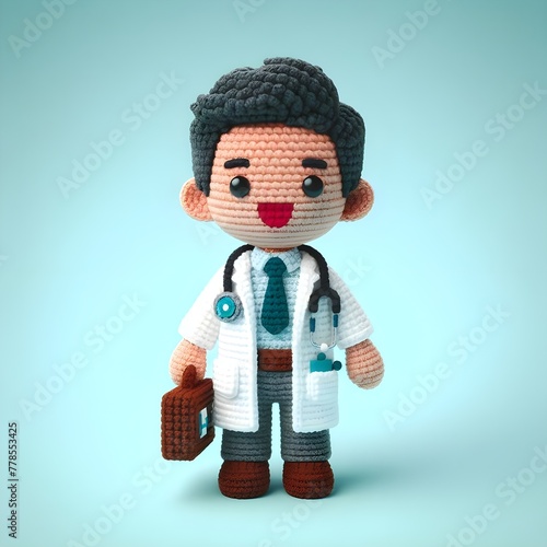 Ai Generated Crochet doll a doctor cute excited funny smiling wearing uniform and equipment, is standing, 3d render