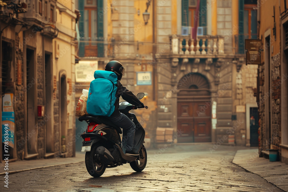 : A food delivery moto scooter driver with a royal blue backpack maneuvers through a historic district, with ancient buildings and cobblestone streets adding a timeless charm to the scene.