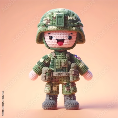 Ai Generated Crochet doll Army cute excited funny smiling wearing uniform and equipment, is standing. 3d render