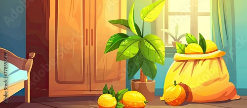 A bedroom with a bed, a houseplant, a bag of lemons, and a window overlooking a tree filled with yellow fruit