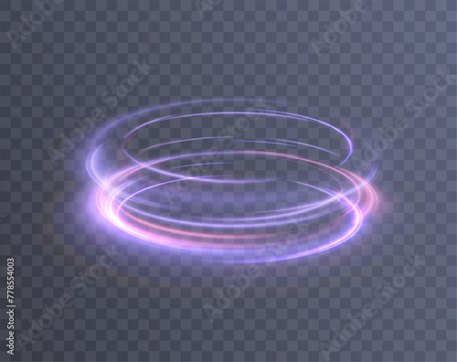 Abstract neon blue purple ring. A bright trail of luminous rays swirling in a rapid spiral motion. Light golden swirl. Vector