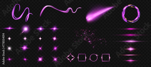 Set of purple light effects shining frames, vector swirl light lines, horizontal light lines. Vector