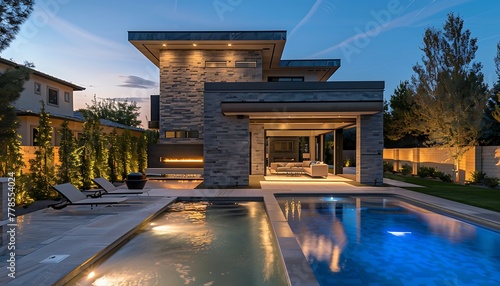 Luxurious Las Vegas backyard: Nighttime pool and patio area. Modern grey stone and tan wood home with light-up windows. Covered porch, Corner lot with tall trees, fireplace and sleek outdoor lighting.