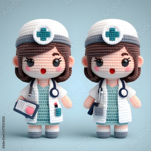 Ai Generated Crochet doll a doctor cute excited funny smiling wearing uniform and equipment, is standing, 3d render