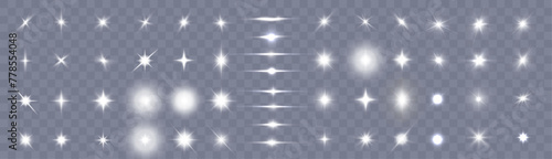 Set of abstract light effects of stars and horizontal lines isolated on transparent background. The radiance of bright highlights. Transparent refraction of light. Vector