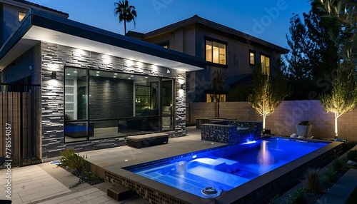 Luxurious Las Vegas backyard: Nighttime pool and patio area. Modern grey stone and tan wood home with light-up windows. Covered porch, Corner lot with tall trees, fireplace and sleek outdoor lighting.