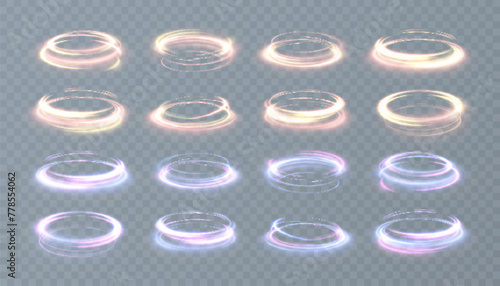 A glowing set of round teleport podiums. Light-bright vortex. Sci-fi digital high tech in glowing HUD projector. Magic gate in a fantasy game. Artificial intelligence.