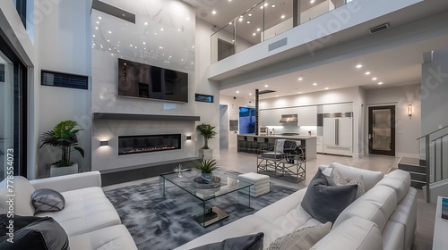 Stunning Las Vegas modern home interior: white walls, double high ceilings, and concrete floors. living room with glass door, large tv, coffee table, bar cart, light grey accent & open concept kitchen