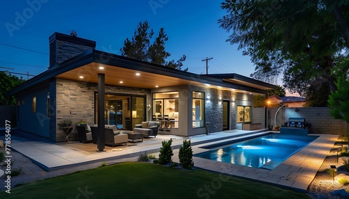 Luxurious Las Vegas backyard: Nighttime pool and patio area. Modern grey stone and tan wood home with light-up windows. Covered porch, Corner lot with tall trees, fireplace and sleek outdoor lighting.