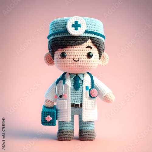 Ai Generated Crochet doll a doctor cute excited funny smiling wearing uniform and equipment, is standing, 3d render