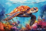 sea turtle swimming, An underwater watercolor scene, where dolphins swim amidst coral reefs, the water a translucent veil of color