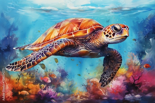 sea turtle swimming, An underwater watercolor scene, where dolphins swim amidst coral reefs, the water a translucent veil of color