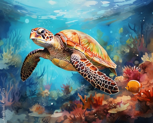 green sea turtle  A bustling coral reef  where a sea turtle glides  surrounded by fish painted in vibrant watercolor strokes