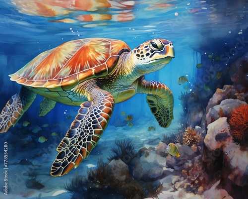 A bustling coral reef, where a sea turtle glides, surrounded by fish painted in vibrant watercolor strokes