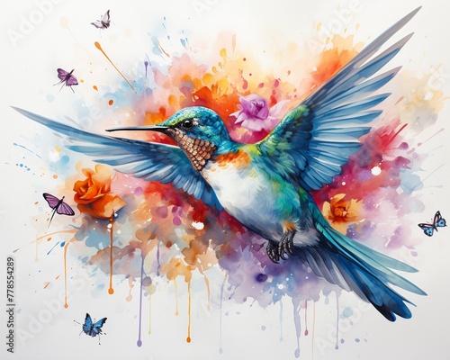 A garden full of hummingbirds and butterflies, their movements captured in delicate watercolor splashes 