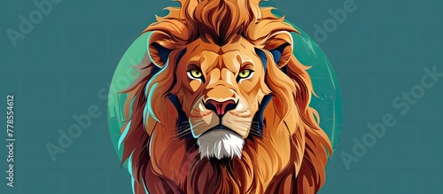 A Felidae carnivore, the lion, with a lengthy mane, is depicted against a blue backdrop in this art piece. The majestic big cats fawncolored coat contrasts with the vibrant grass below photo