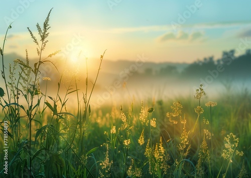 Serene Sunrise in Lush Meadow with Misty Horizon and Dew-drenched Grass
