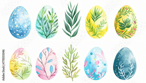 Watercolor Easter eggs isolated on white background, hand drawn illustration, flat design style, high resolution vector, pastel colors, detailed and intricate elements, watercolor style, bright color