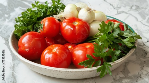 Fresh Tomatoes and Herbs in Kitchen Bowl