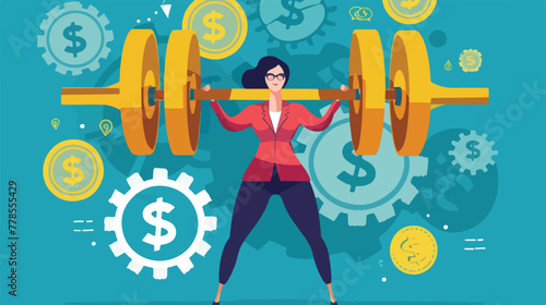 Businesswoman lifts up heavy barbell with dollar si