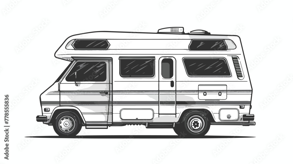 Camper Van black and white illustration 2d flat car
