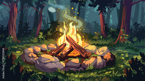Campfire with stones and wooden logs in forest clea