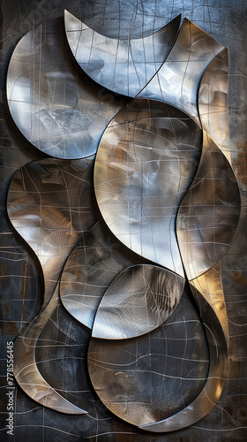 A piece of abstract wall art, where curved line textures are etched into metal, creating a visual dialogue between form, light, and shadow in a contemporary space. 32k, full ultra HD, high resolution