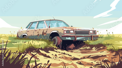 Car in the ditch 2d flat cartoon vactor illustratio photo
